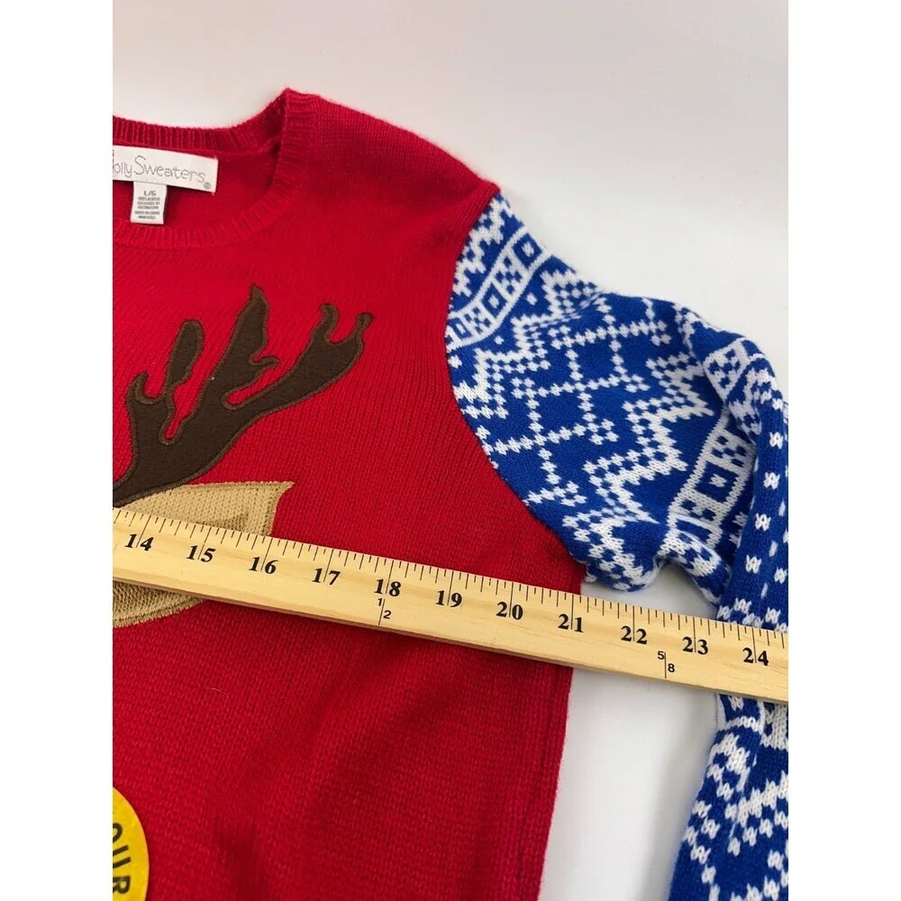 Jolly Sweaters Christmas Sweater‎ Deer Drink Pouch Camo Red Fair Isle Blue Large